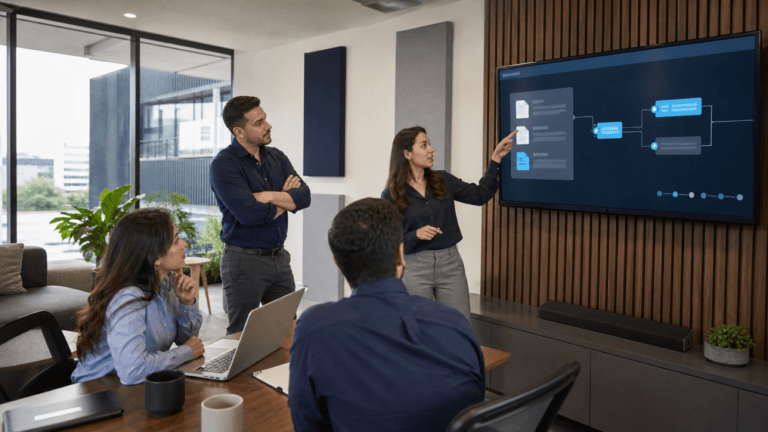 Equipo legal y comercial revisando el flujo de verificación de la empresa