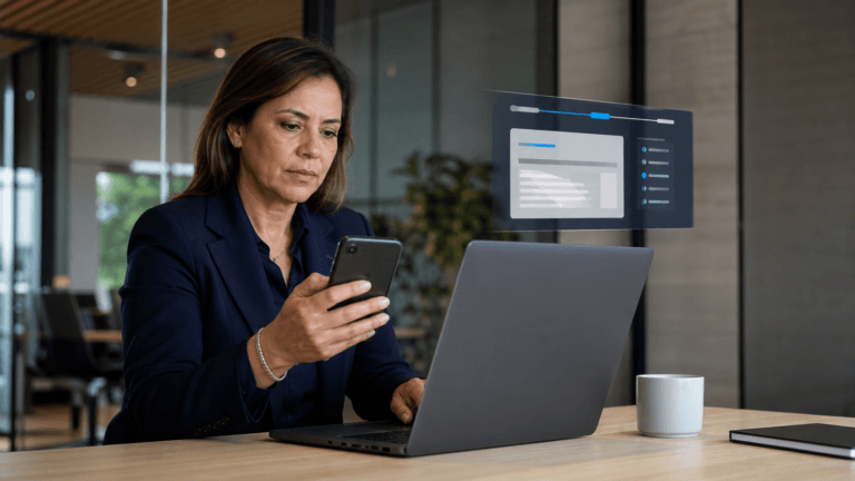 Ejecutiva dando de alta una empresa desde el celular y la laptop