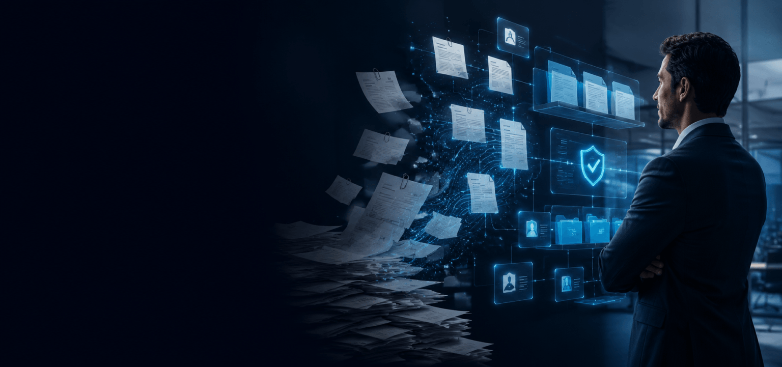 Ejecutivo revisando documentos y validaciones de una empresa en un expediente digital